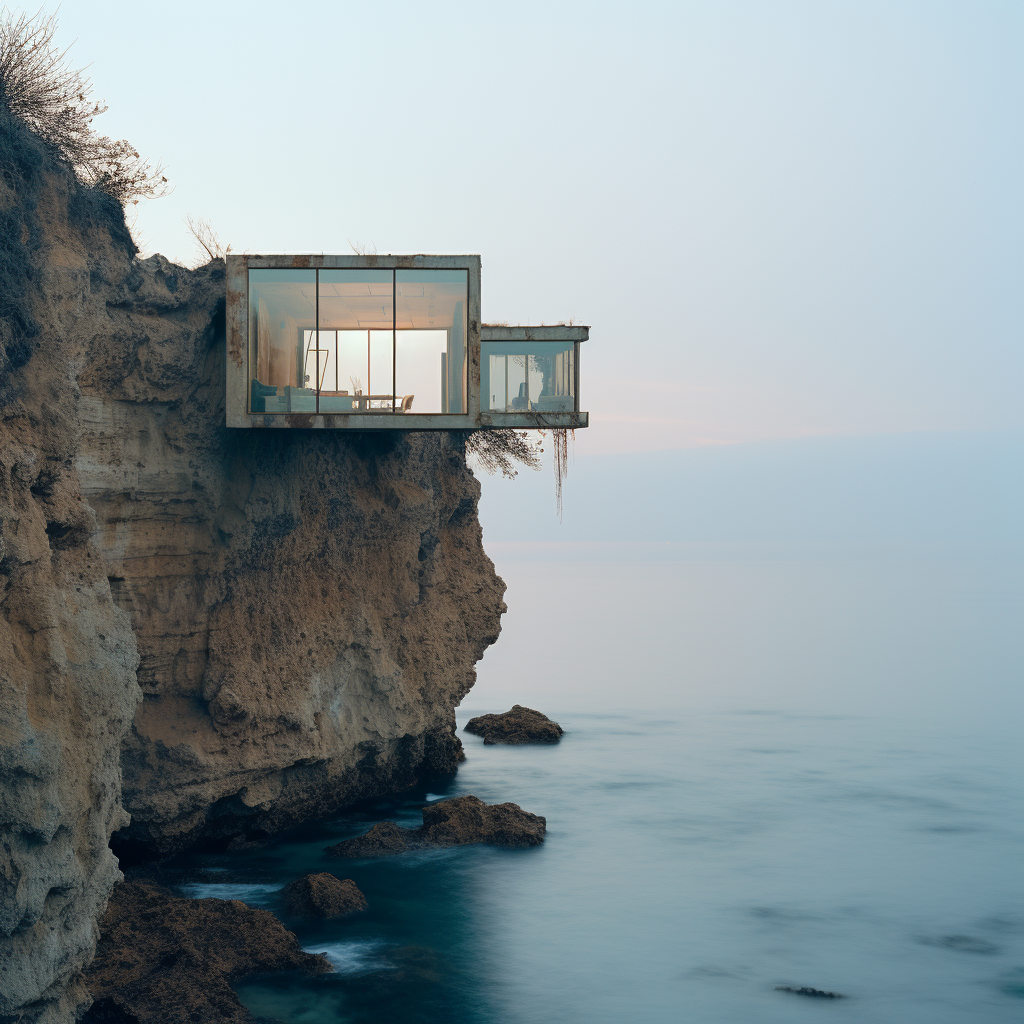 Monolithic house perched on ocean cliff