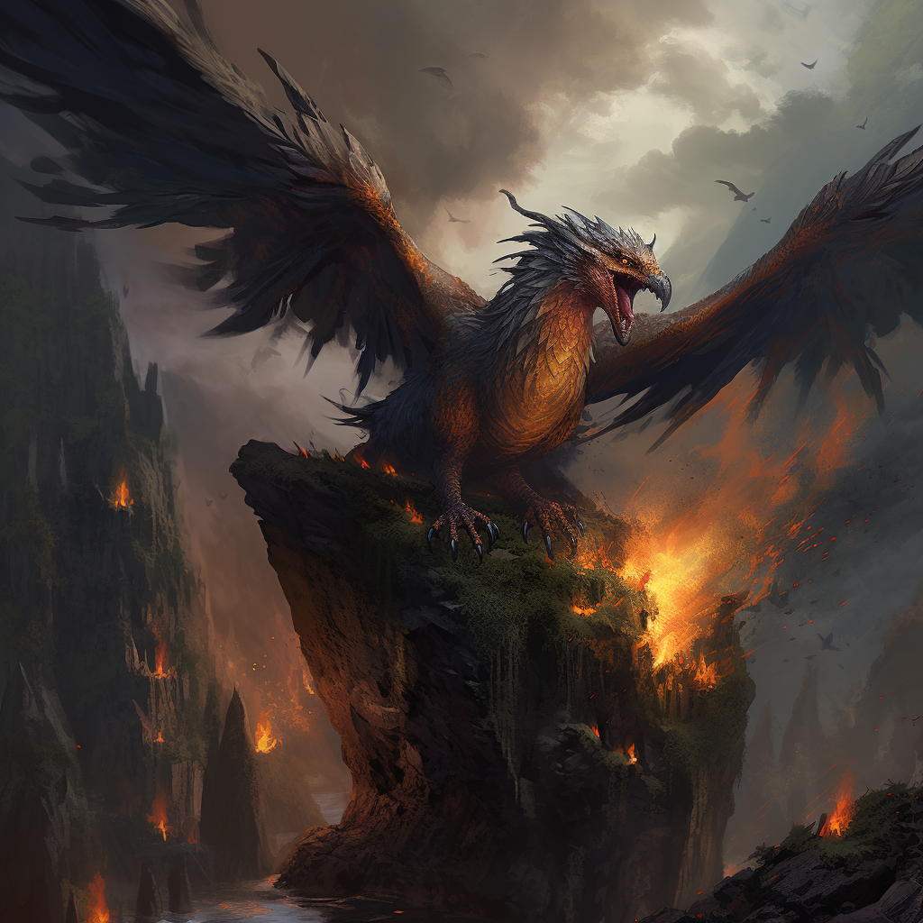 Feathered dragon breathing fire in fantasy scene