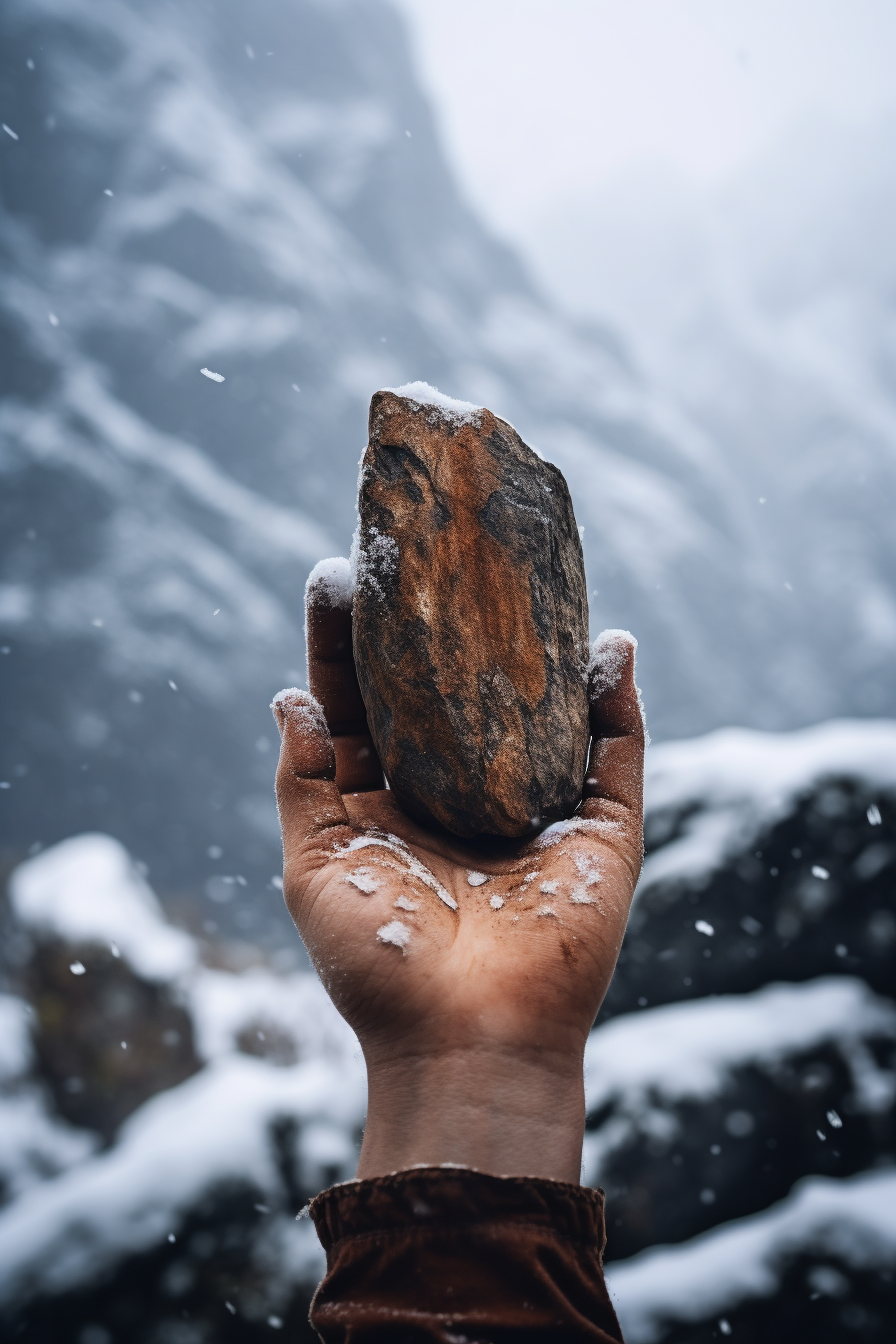 Climber's Hand Holding Stone on Snowy Mountain