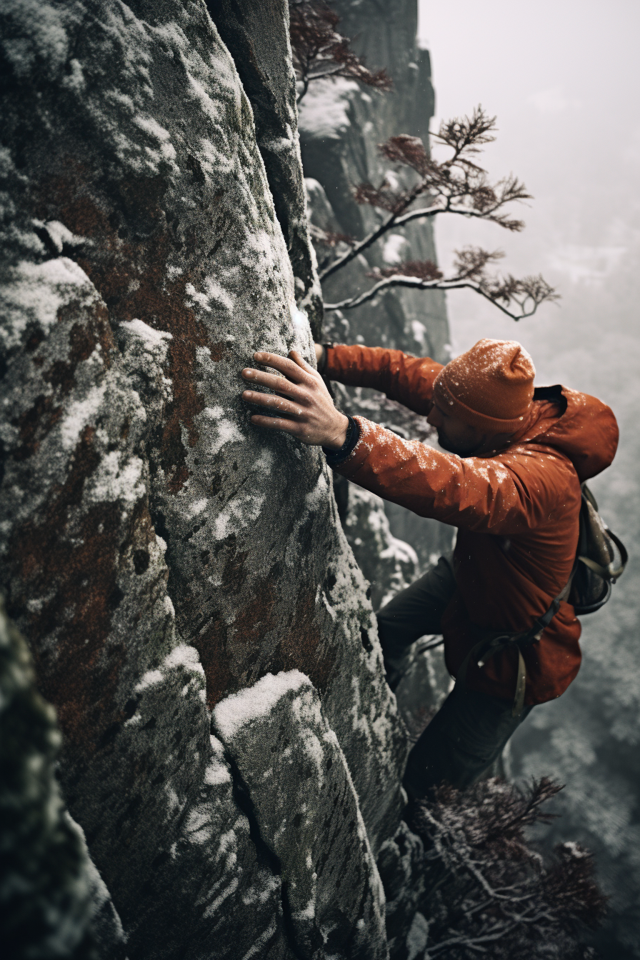 Climbers hand conquering rocky terrain in stunning landscape