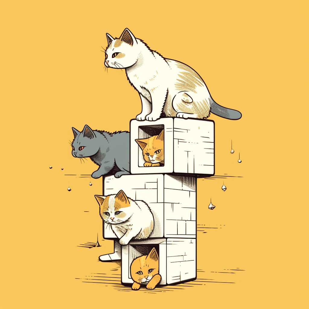 Three cats climbing wall with heads in box