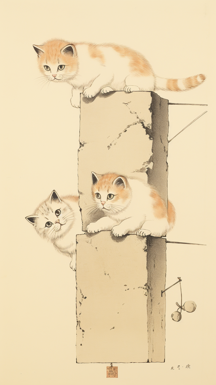 Three cats climbing wall with heads sticking out