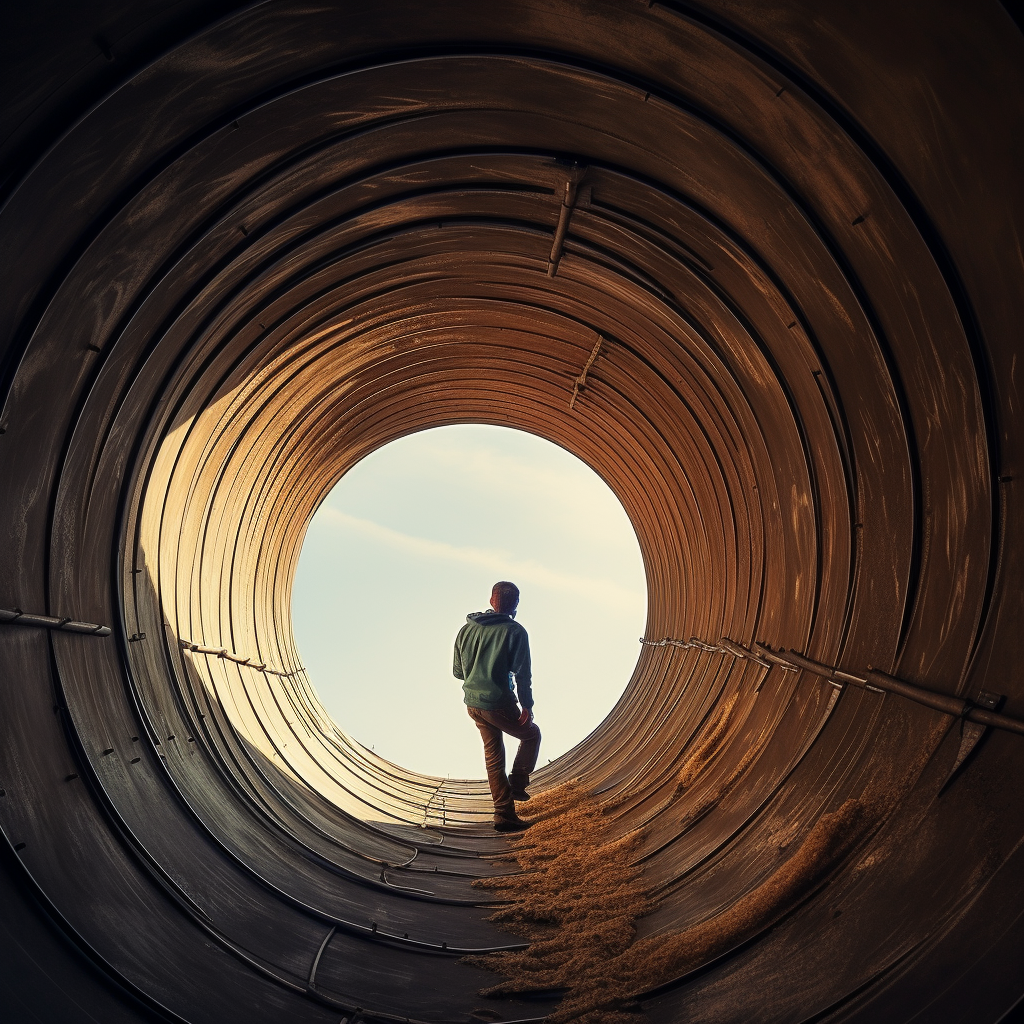 Person climbing into a pipe hole