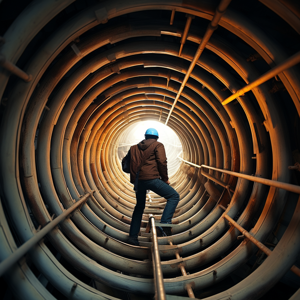 Person climbing through scaffolding-filled pipe