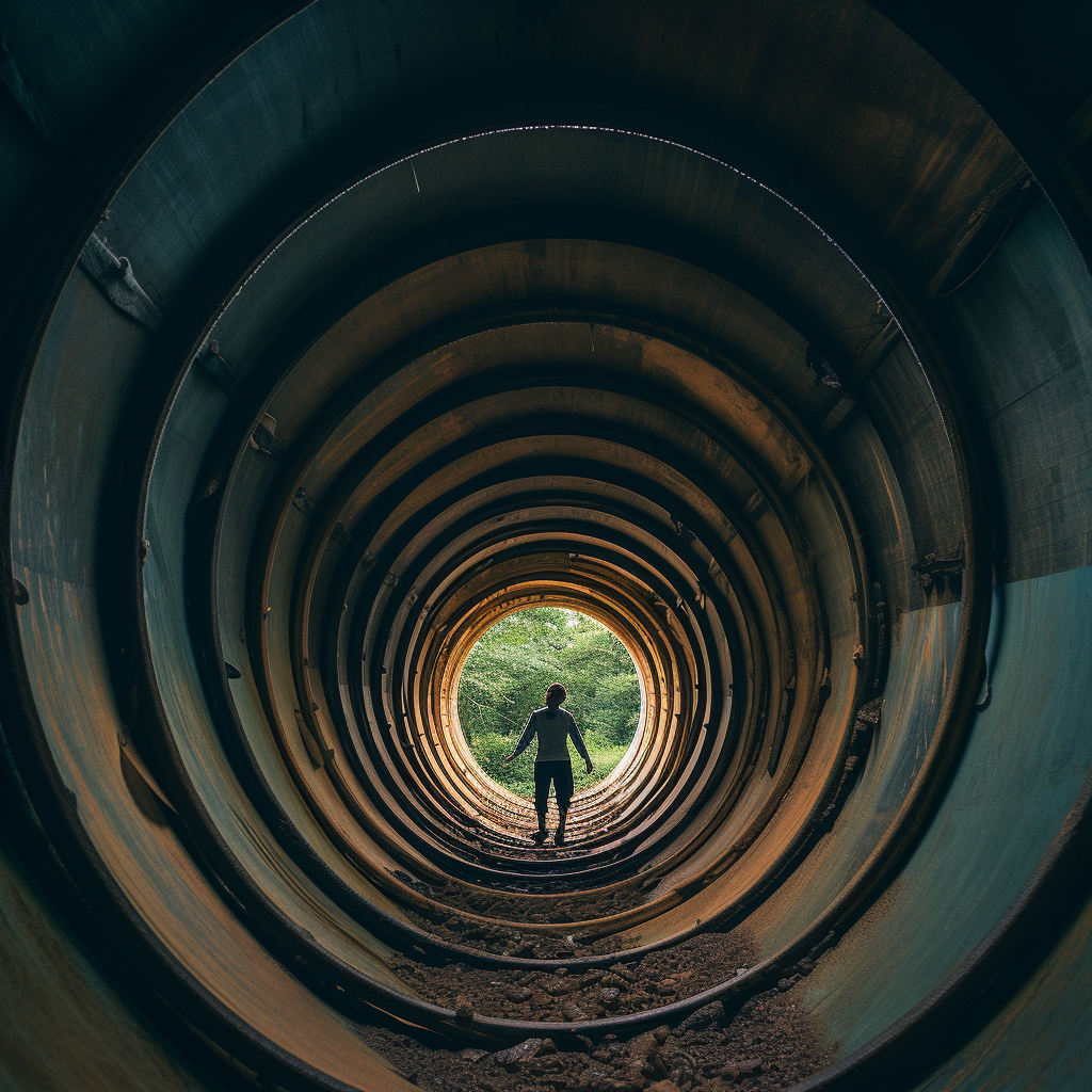 Person climbing into giant pipe