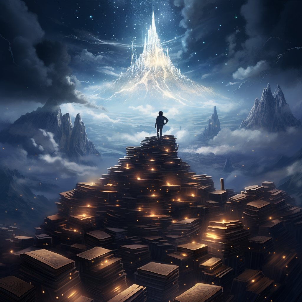 Person climbing a pile of books reaching for the stars