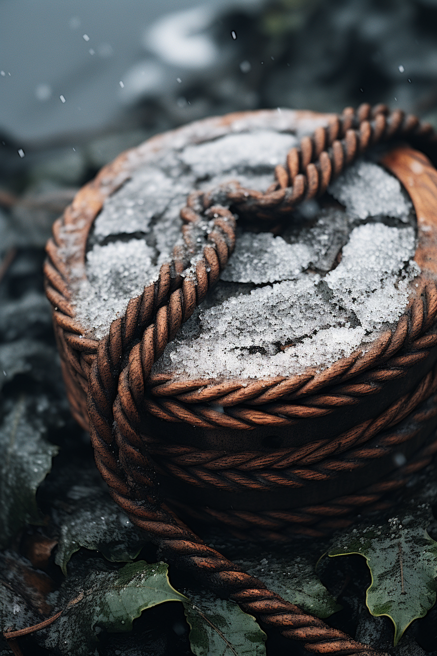 Detailed Climbing Rope on Stone with Wood and Leaves in Snowy Island Landscape