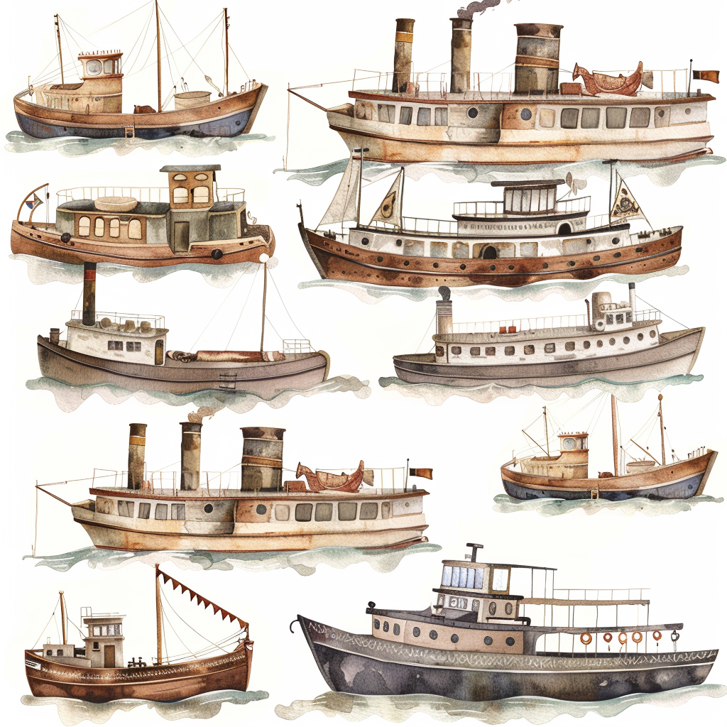 Watercolor clipart set steam boats