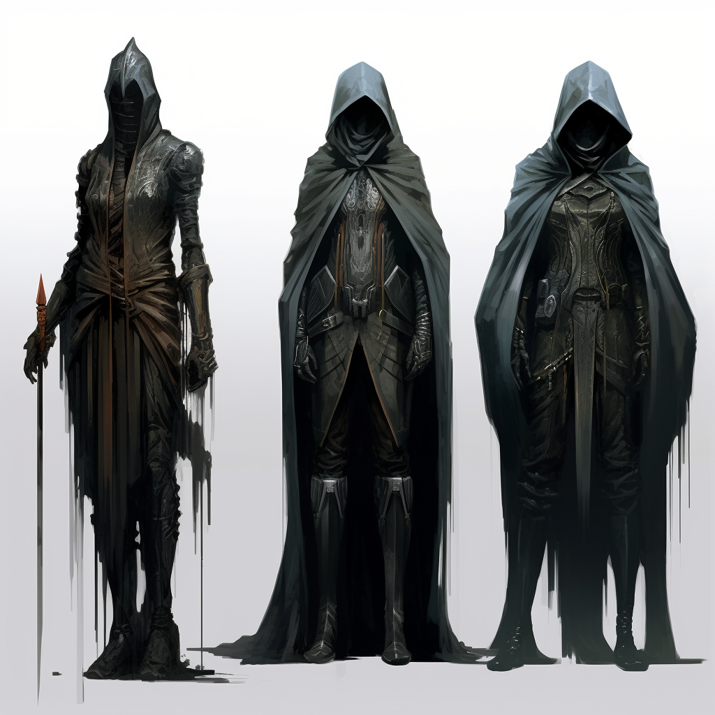 Mysterious cloaked figures in fantasy and cyberpunk attire