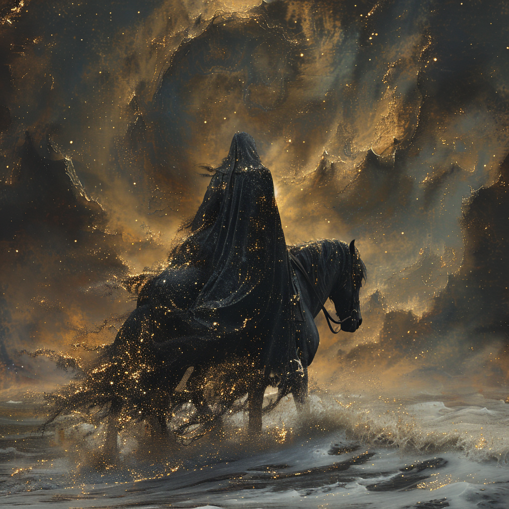 Eerie Black Cloaked Figure Riding Black Horse