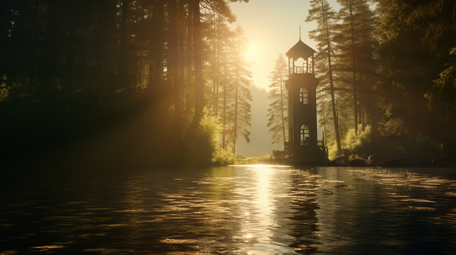 Majestic clocktower by the serene lake in the forest