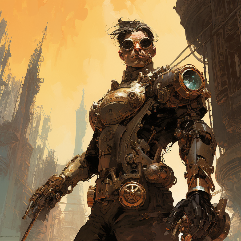 Clockwork hunter in steampunk city