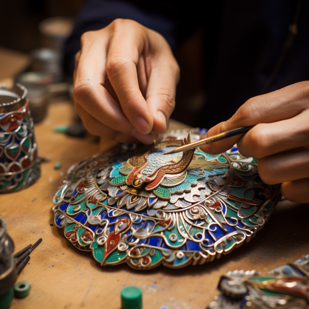 Craftsman assembling cloisonné piece