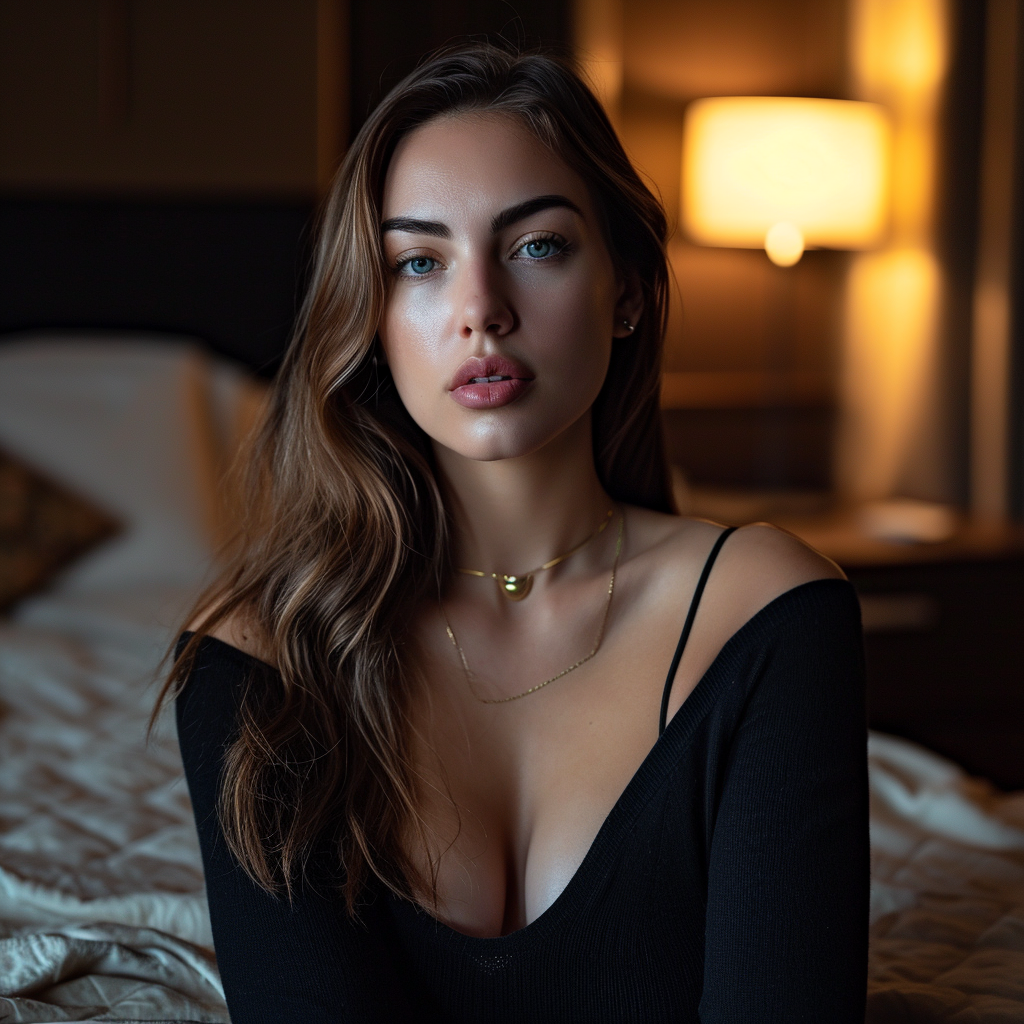 Close portrait of high-class female model in hotel room