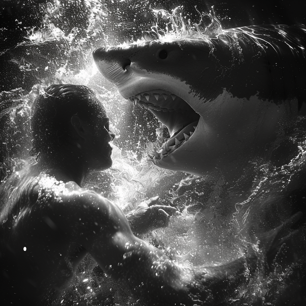 Sailor fighting shark underwater surreal monochrome