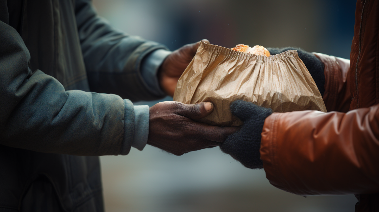 Person handing food to homeless man