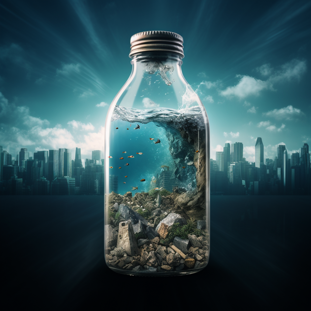 Earth in bottle amidst polluted sea