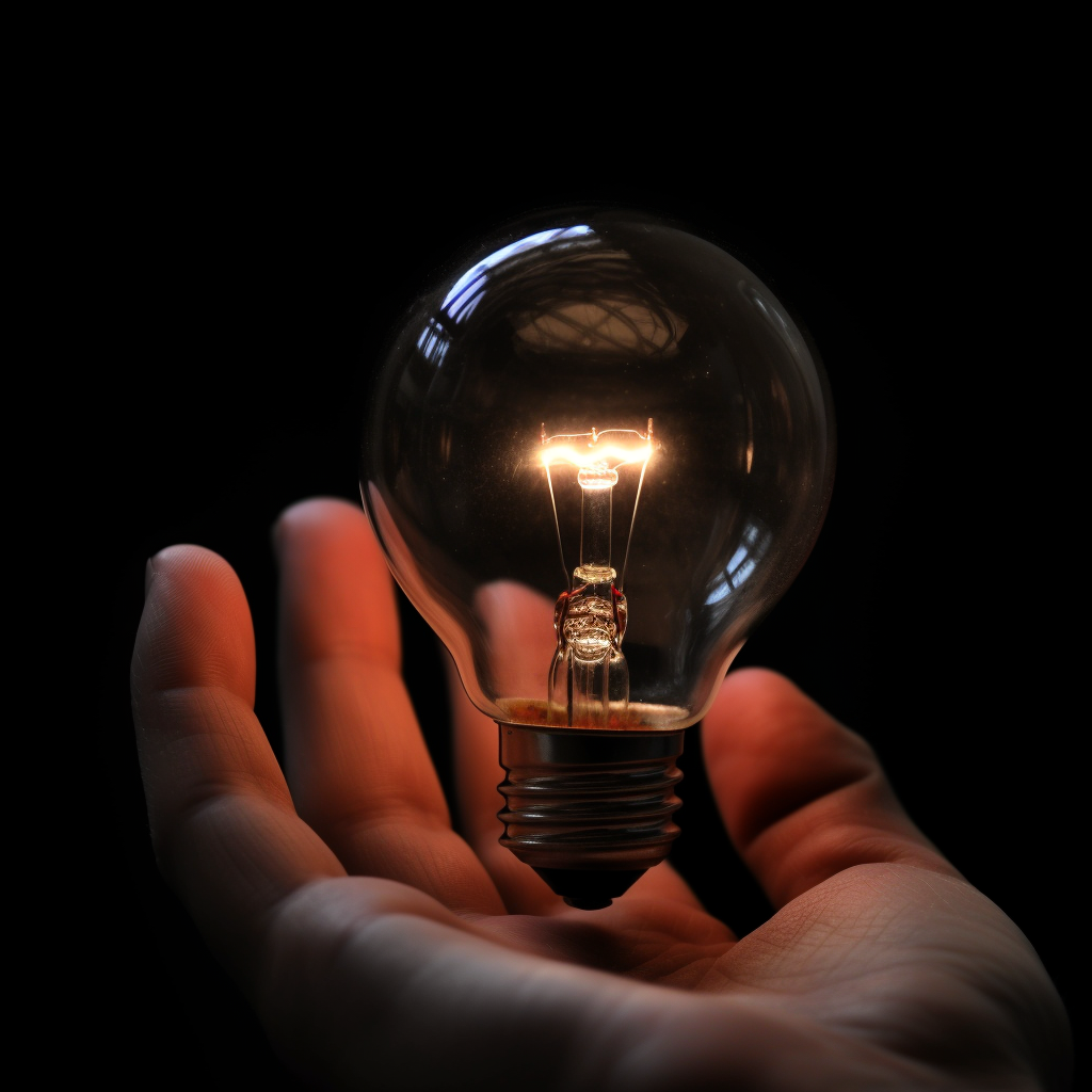 Close up of lit lightbulb held by finger and thumb