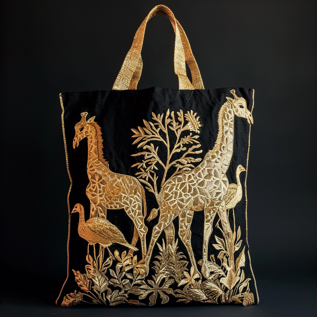 Embroidered Golden Giraffes and Birds on Black Cloth Bag