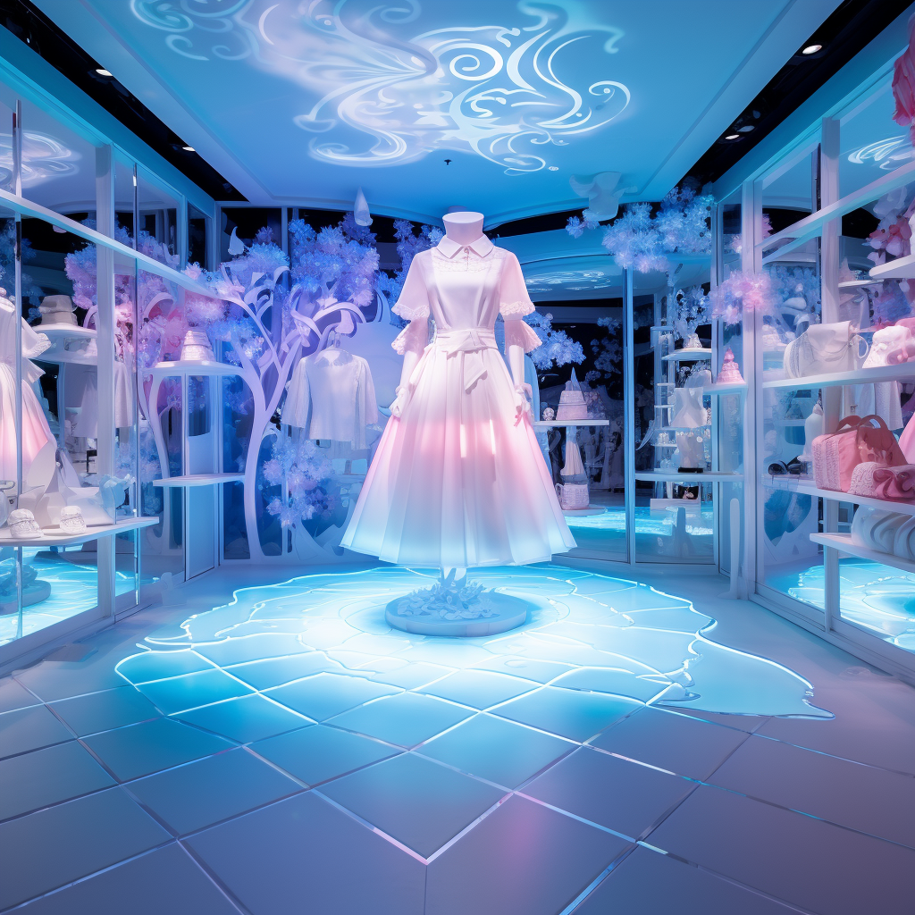 Clothing store with white tone and hologram color reminiscent of Alice in Wonderland