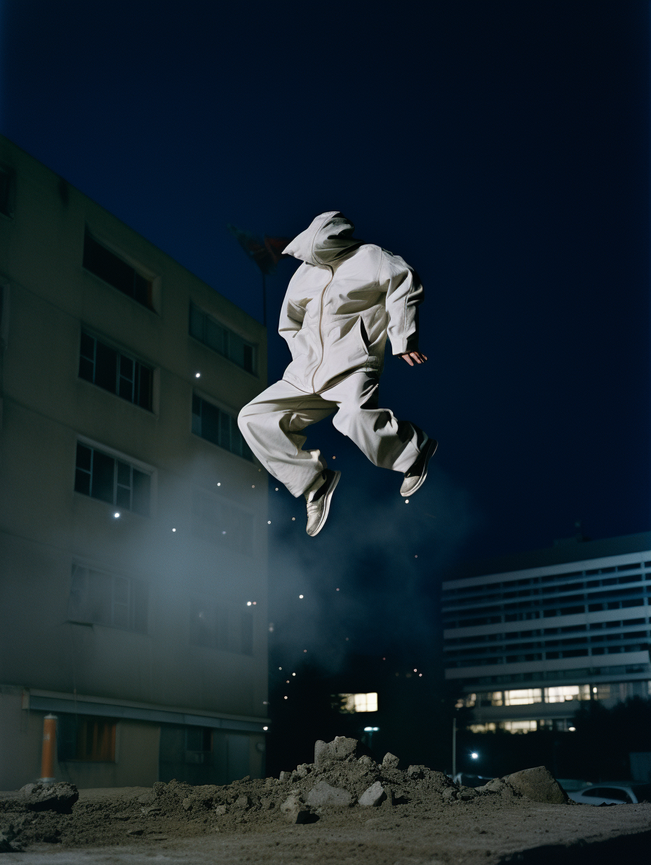 Grey cotton tracksuit defying gravity in urban night scene