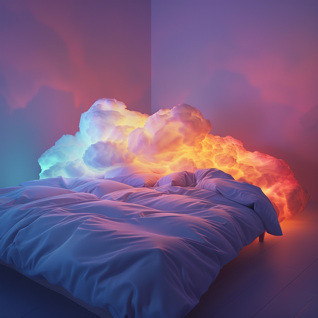 Cloud bed with subtle rainbow lighting