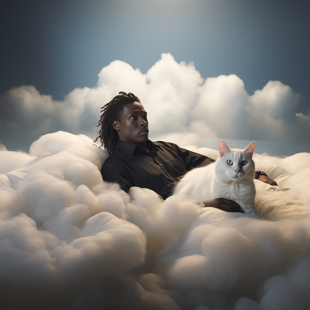 Cloud bed floating in ocean with Wesley Snipes and a cat