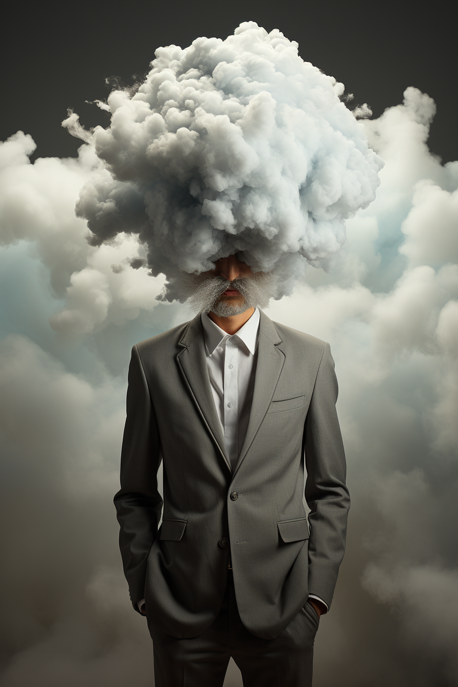 Cartoon of a man with a cloud head representing loneliness and depression