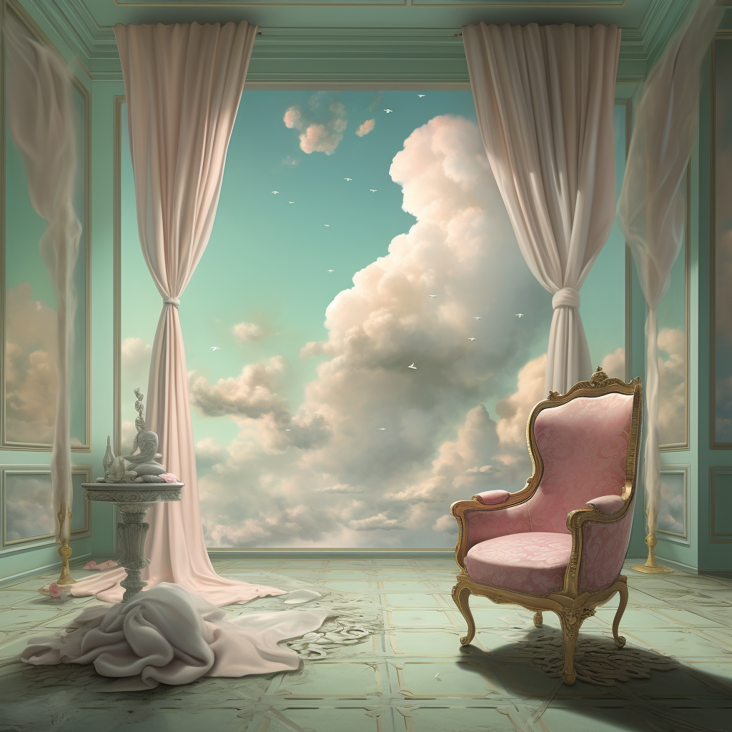 Empty cloud room with chair and mirror