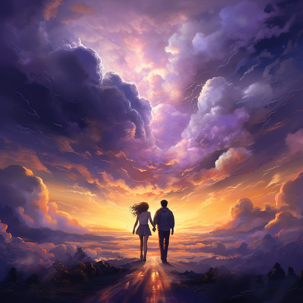 Couple walking on clouds holding hands