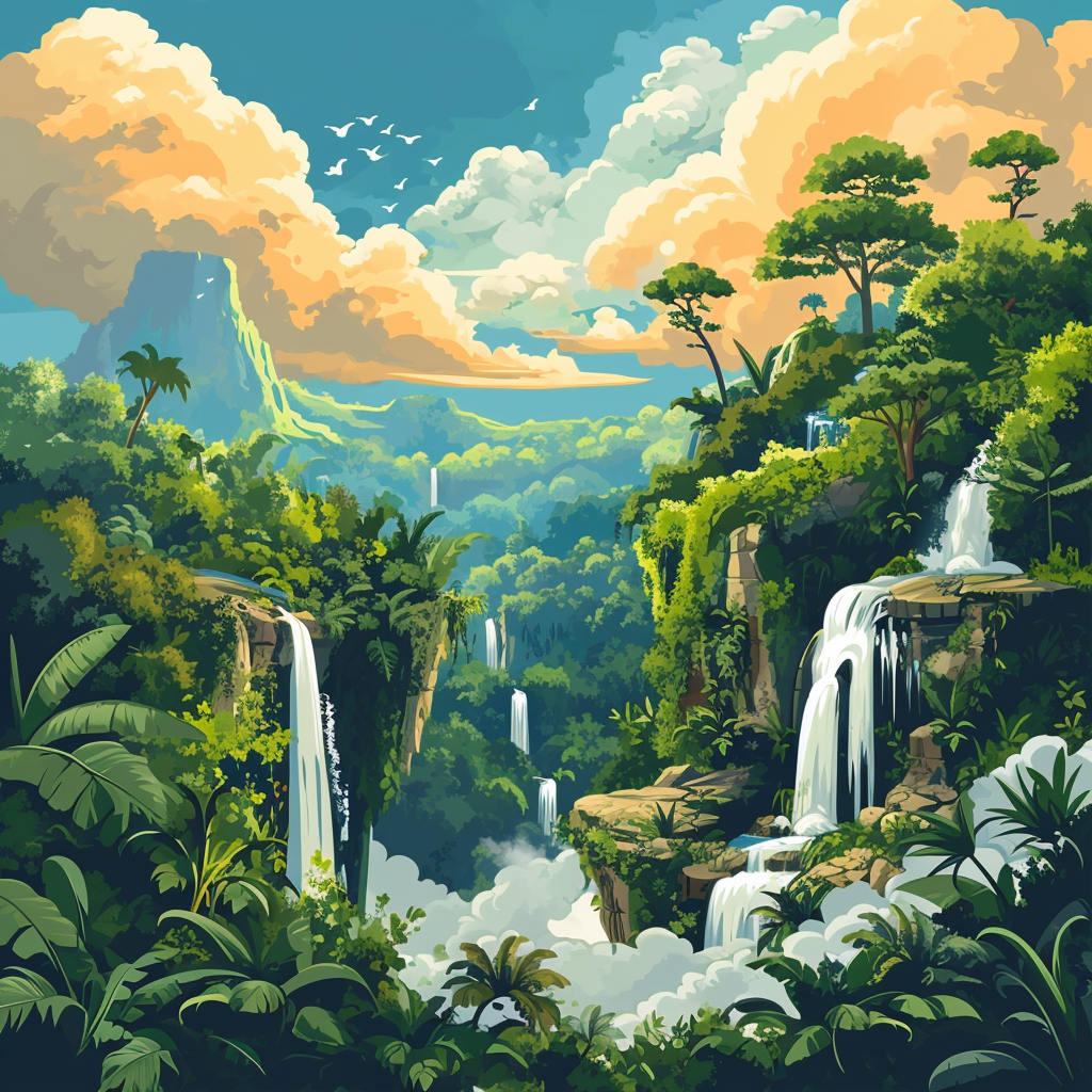 Stunning landscape with clouds, waterfalls, garden, jungle