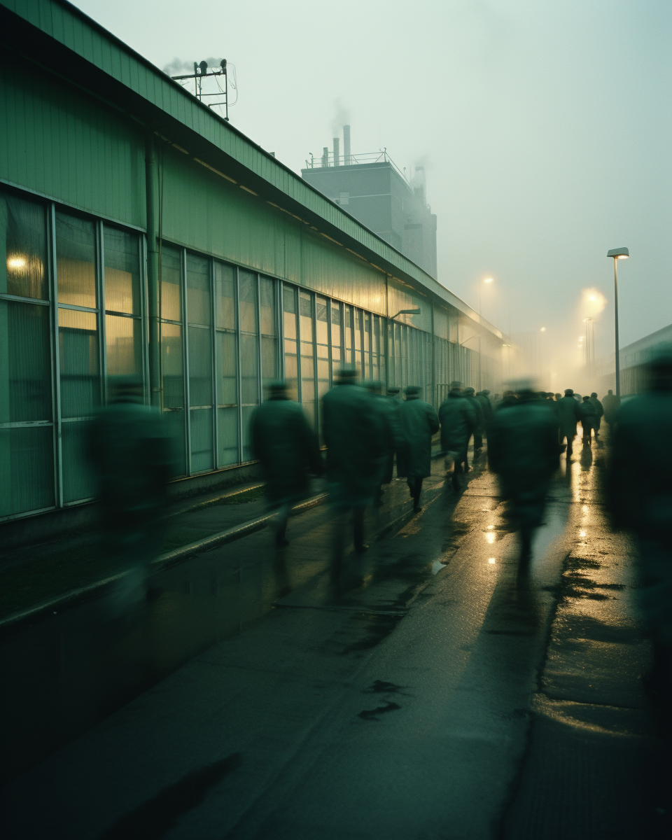 Workers leaving factory at cloudy evening