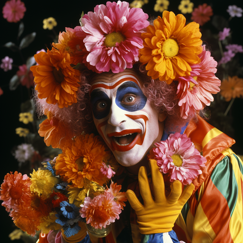 Colorful Clown performing tricks with flowers