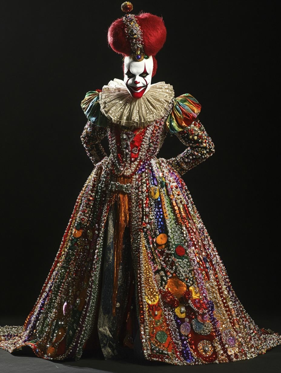 clown costume with beads, sequins, velvet, sheer appliques