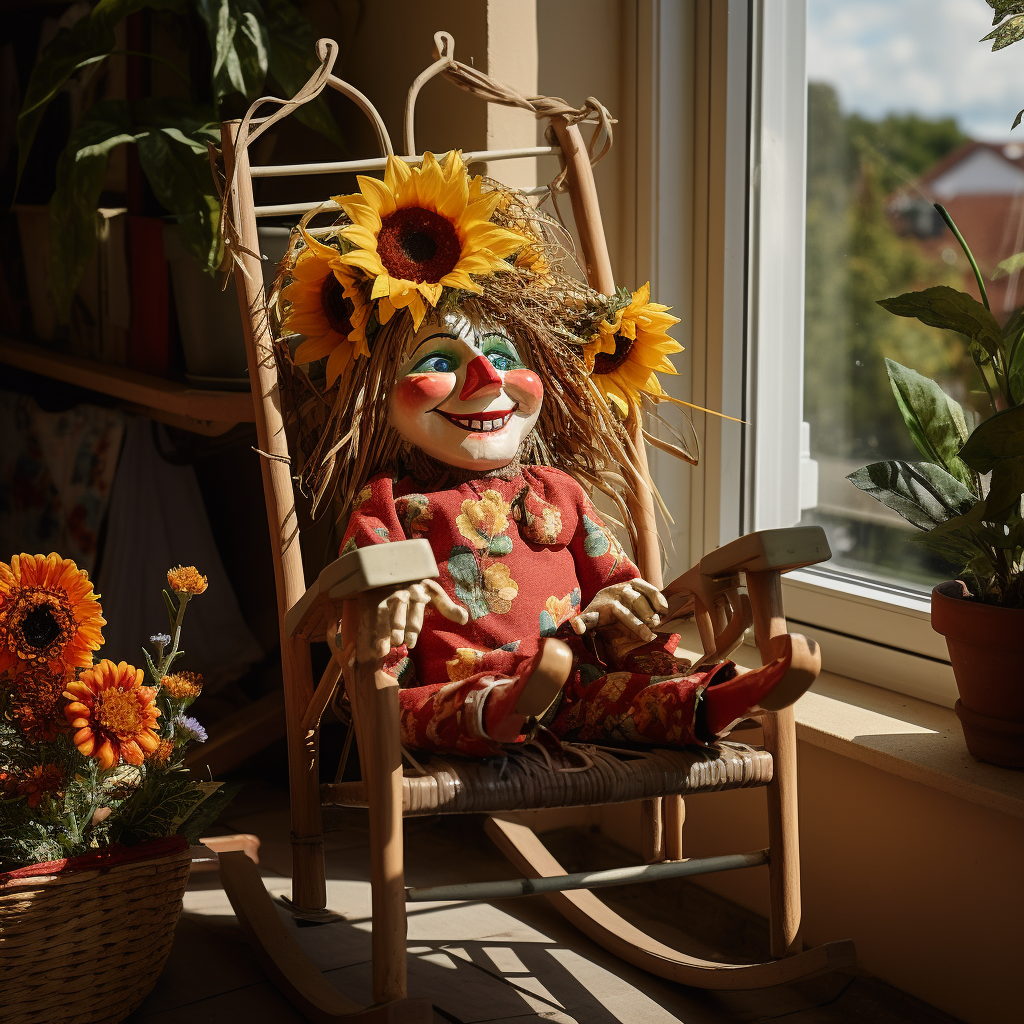 Clown doll in rattan rocking chair