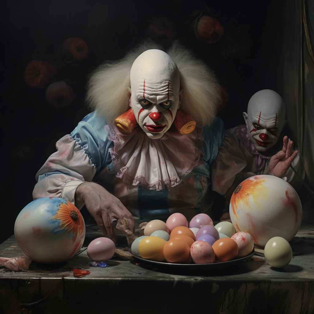 Funny clown laying colorful eggs