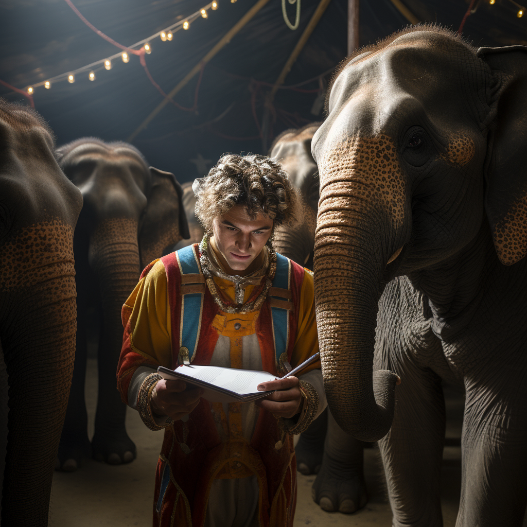 Clown elephants holding paperwork in the circus