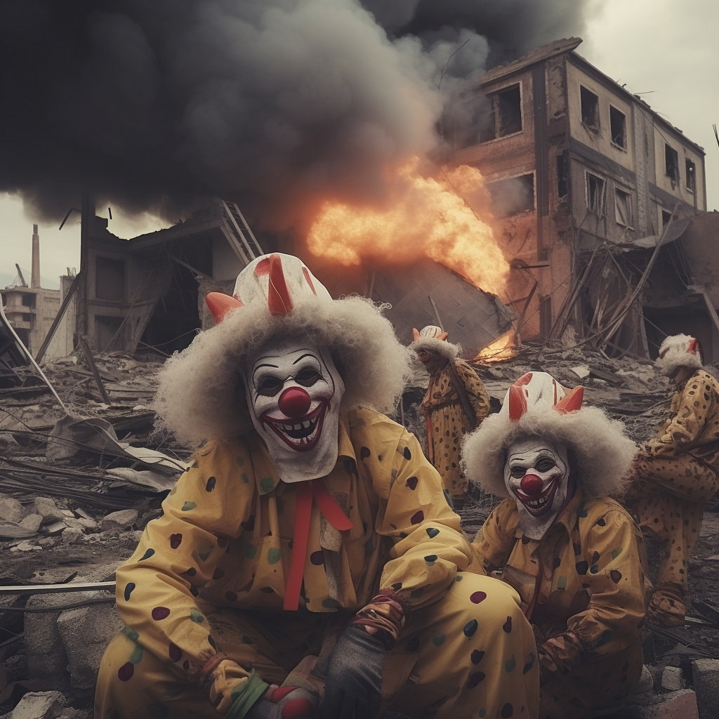 People dressed in clown outfits in a war zone