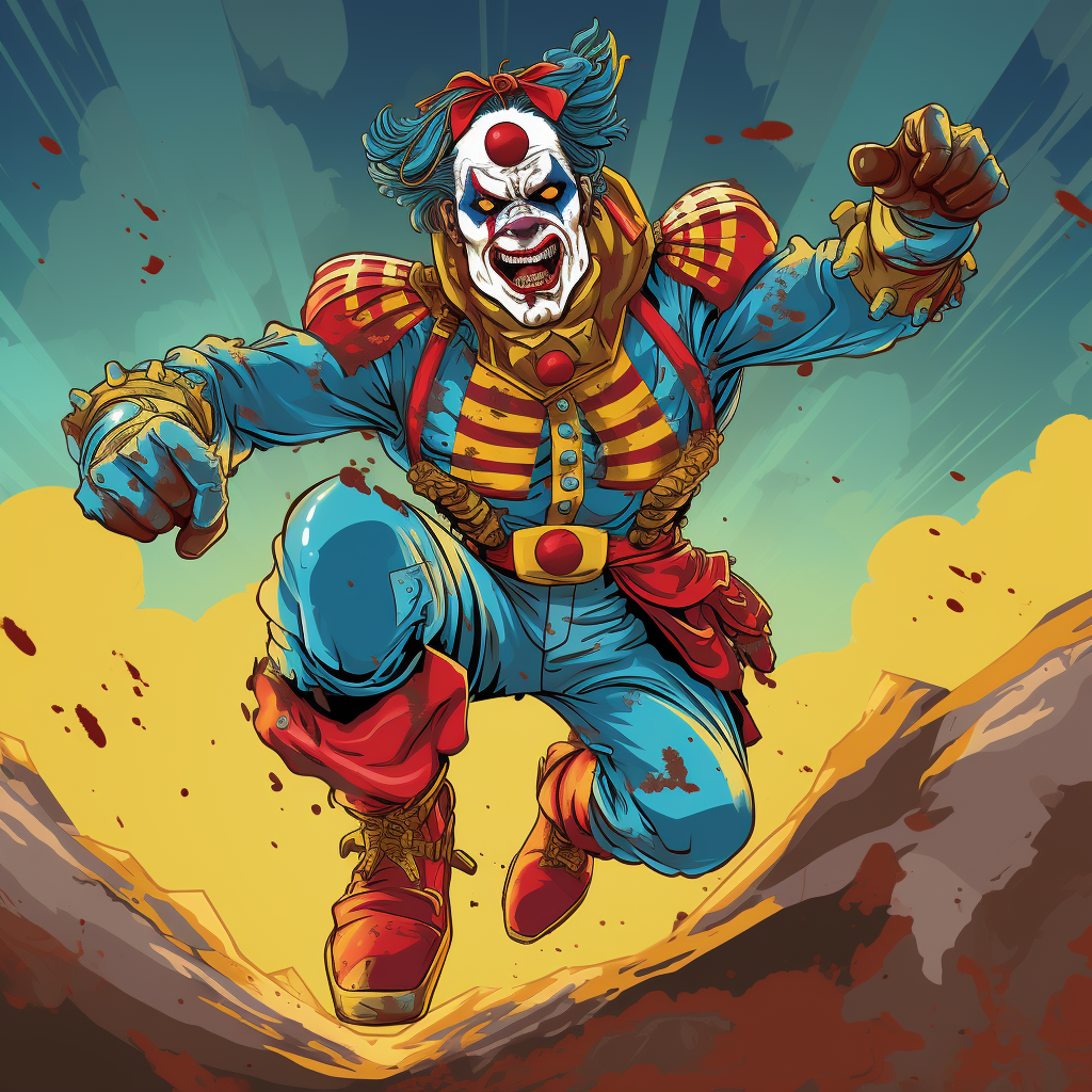 Clown Soldier Leaping in Gritty Cinematic Sci-Fi Cartoon