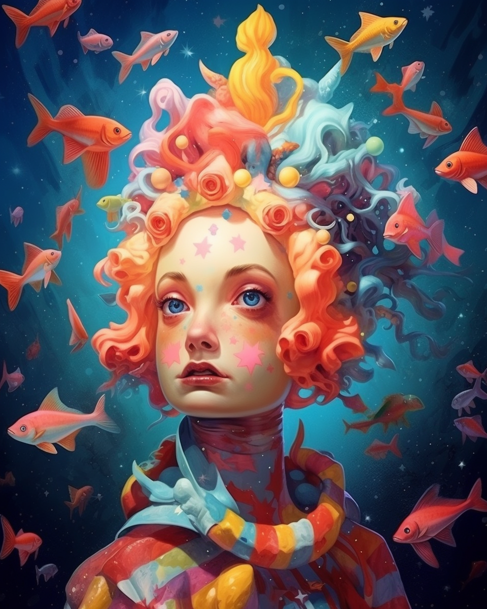 surreal clown starfish woman wonderland art