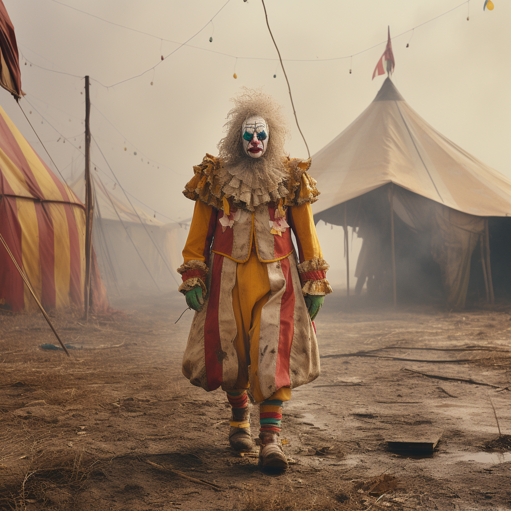 Clown walking in abandoned circus tent