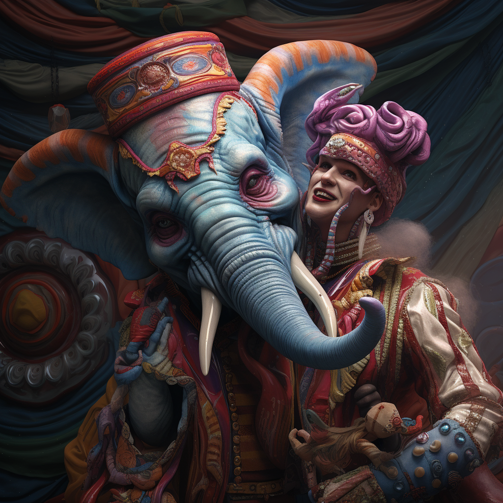 Clown with octopus-inspired nose playing with elephant