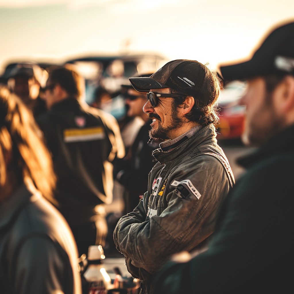 Smiling club racing driver surrounded by friends at paddock