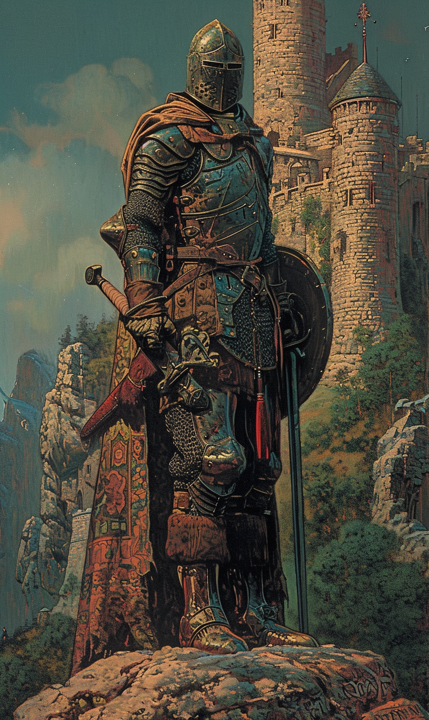 Fantasy lithograph of middle-aged knight in gothic setting