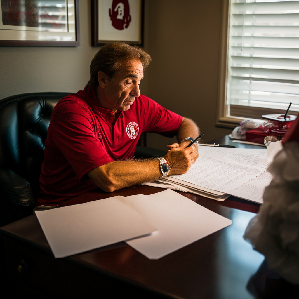 Coach Saban opening medical bill in office