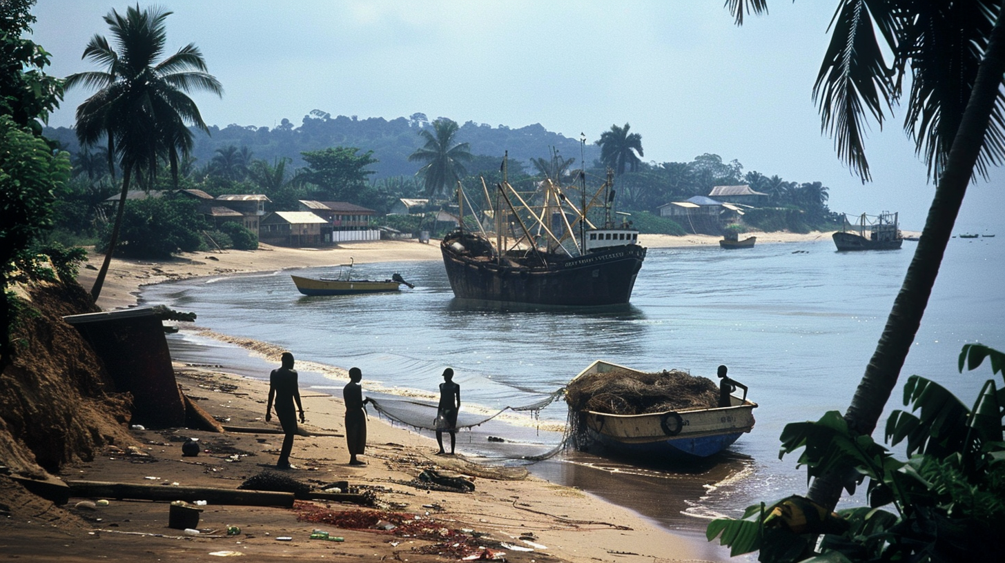 Local fishermen mending nets on shore