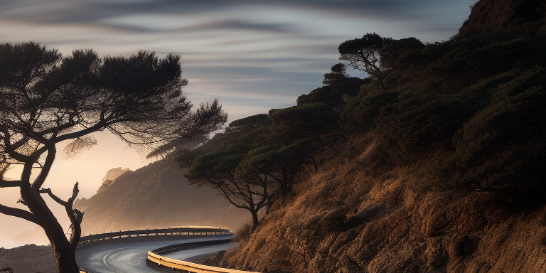 Coastal road with crashing waves at sunrise