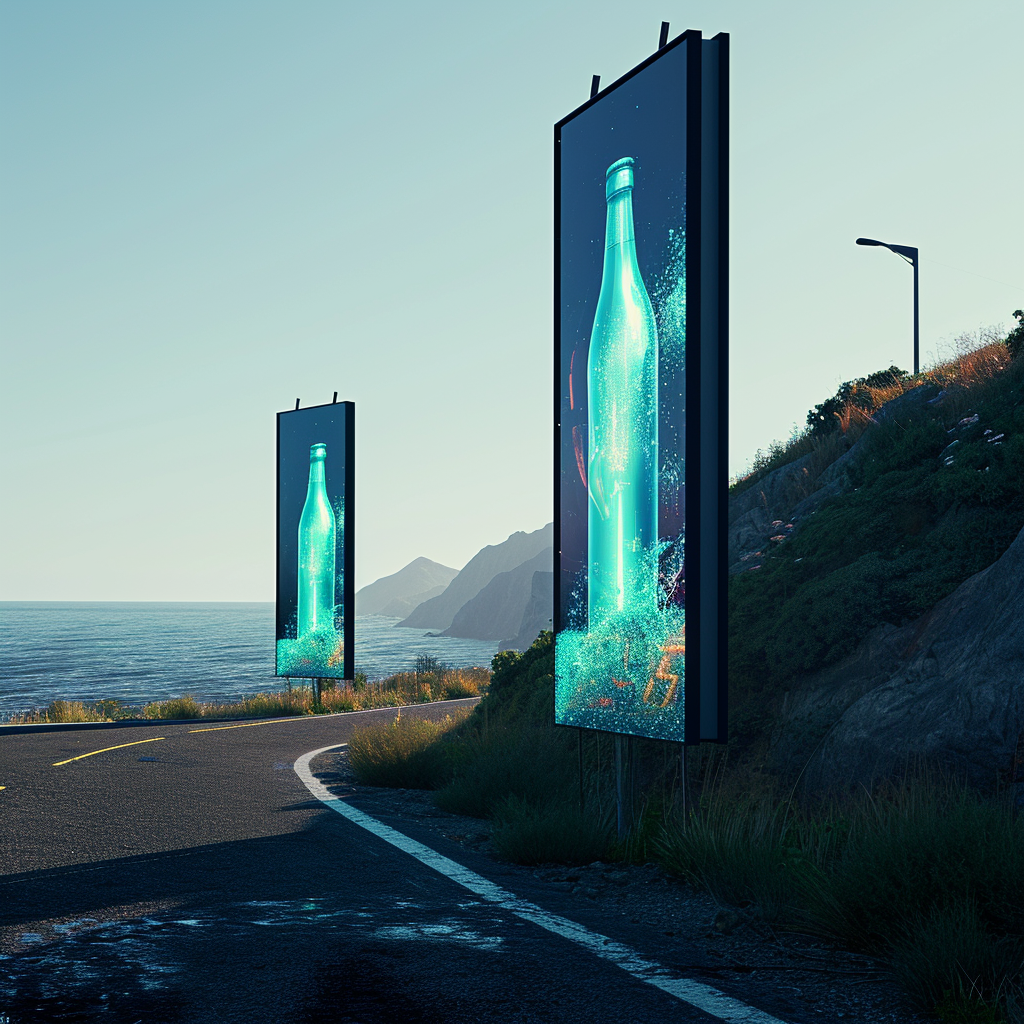 Two vertical energy drink panels overlooking the sea