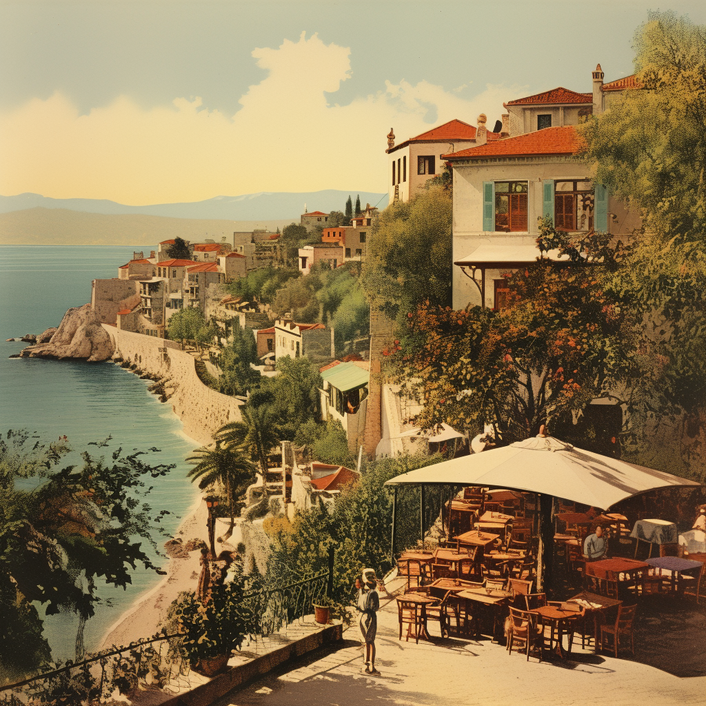 Vintage postcard of a coastal Turkish town with charming eatery overlooking bay