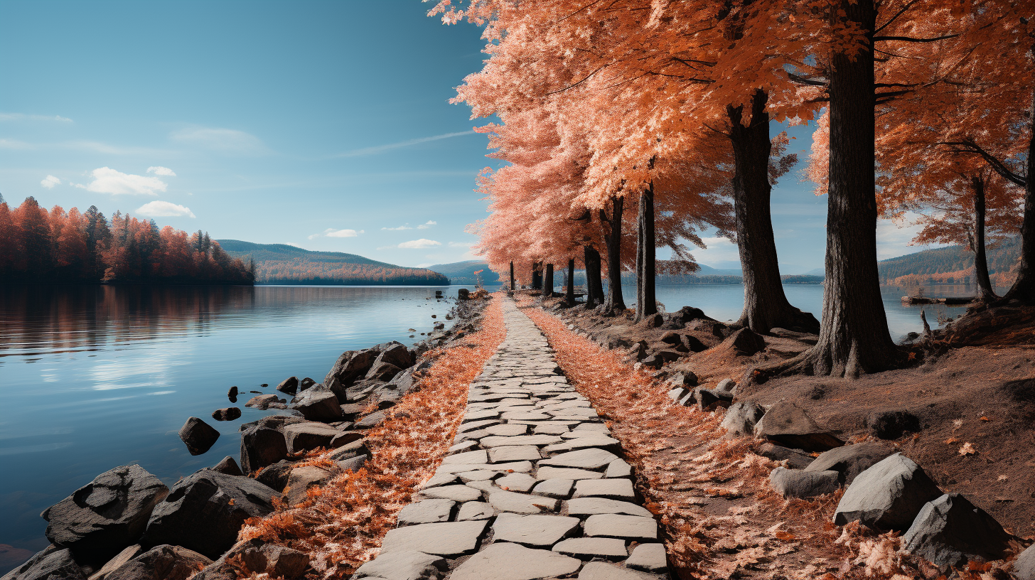 Cobblestone path around mountain lake with abstract neon